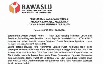  Pengumuman Nama Terpilih Panwascam Jakarta Pusat