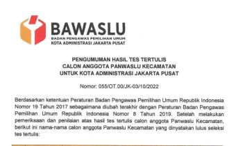 Pengumuman Hasil Tes Tertulis Calon Anggota Panwascam Jakarta Pusat