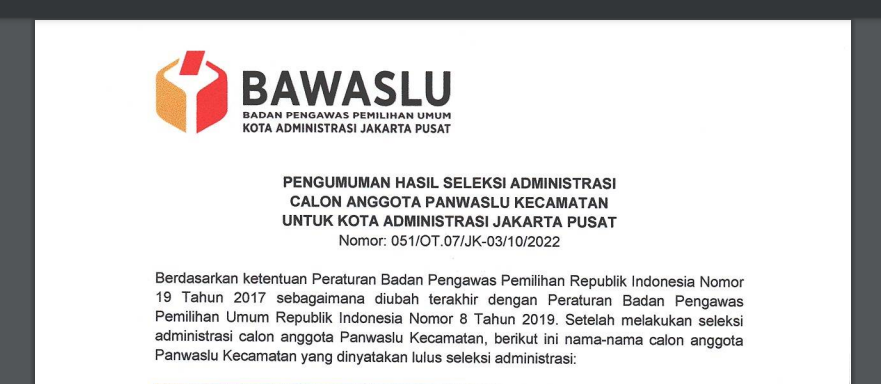 PENGUMUMAN HASIL VERIFIKASI ADMINISTRASI CALON PANWASCAM